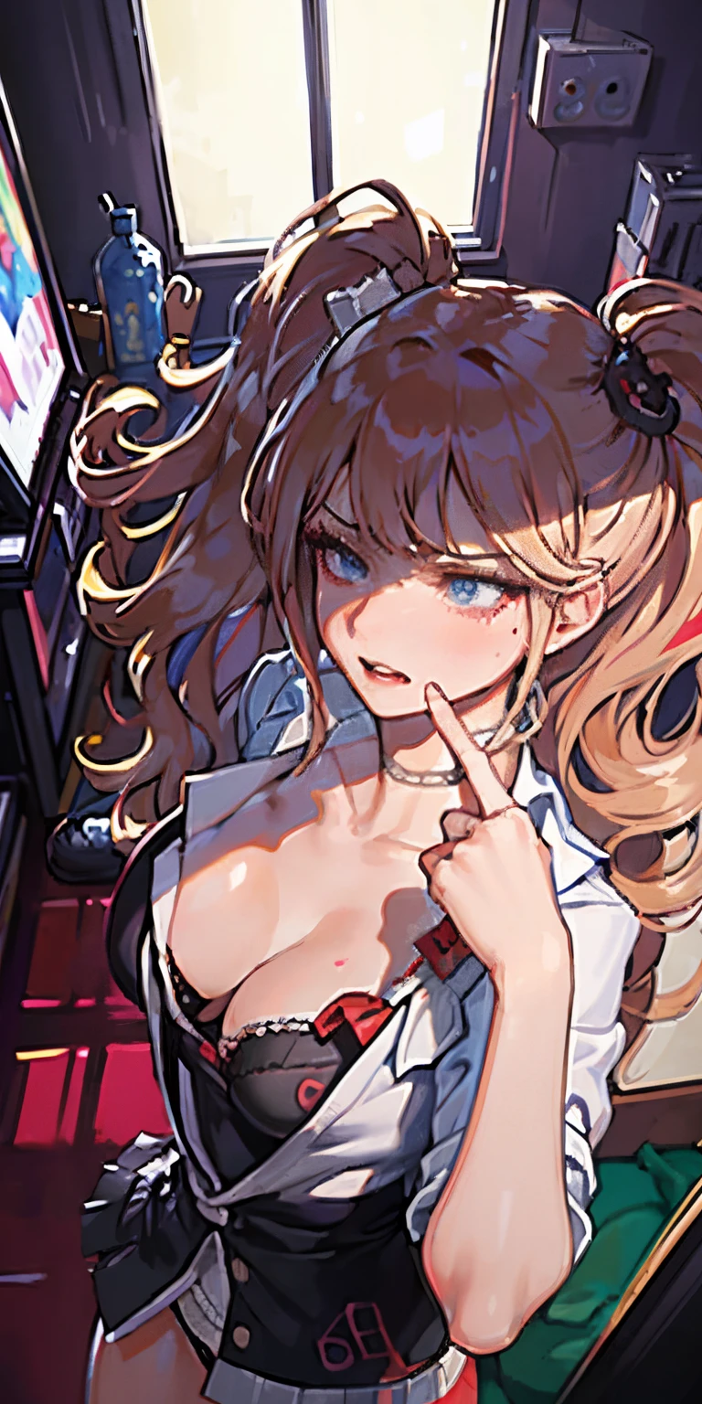 Masterpiece, highest quality, high resolution, solo, ???????????, indoors, misaligned bra, side tie ?????, lying down, from above, open arms, angry, bed, disheveled ?????????, heavy breathing, ?????? expression