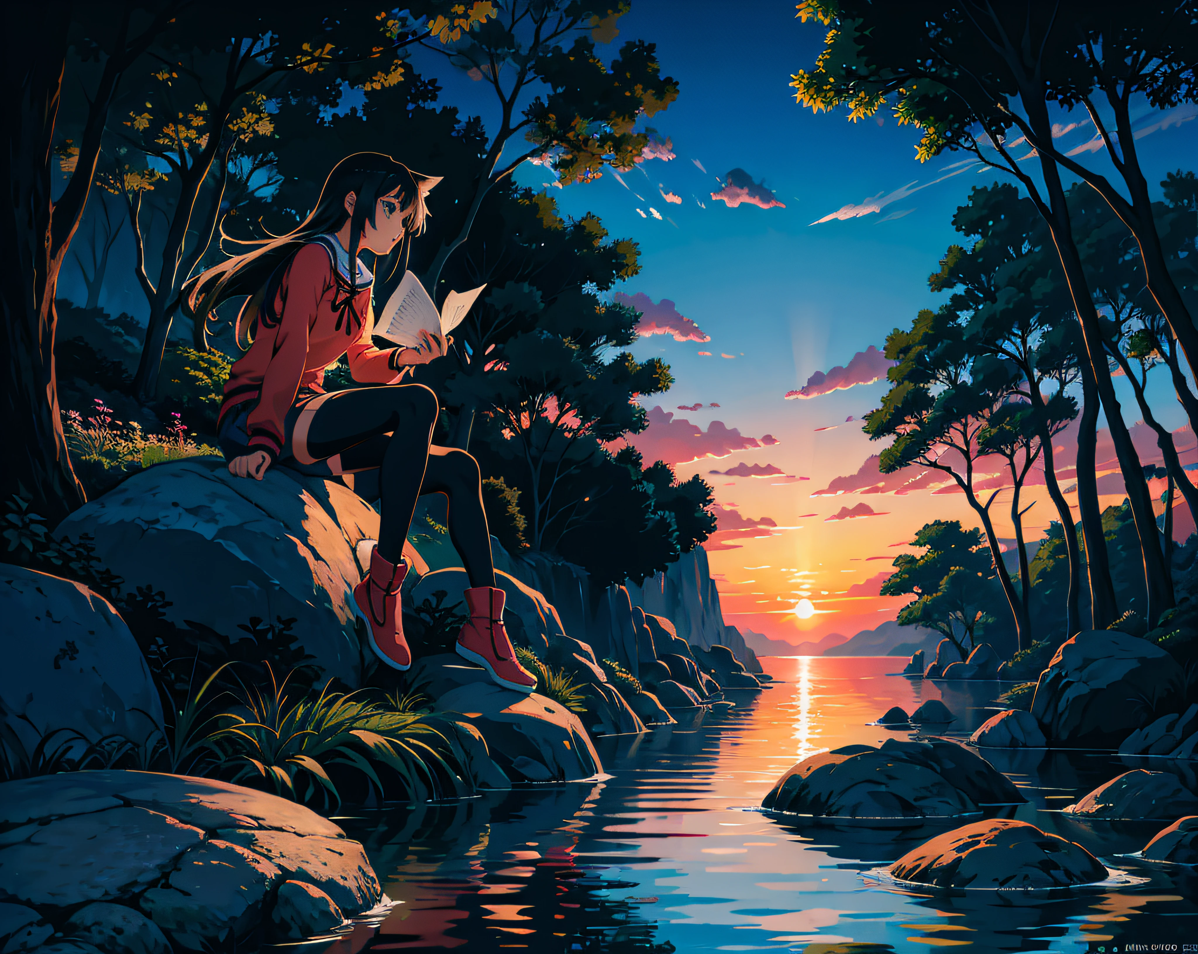 anime girl sitting on a rock in the water with a sunset in the background, Anime Art Wallpaper 4K, Anime Art Wallpaper 4K, Anime Art Wallpaper 8K, 4k anime wallpapers, 4k anime wallpapers, papel de parede anime 4k, 动漫壁纸, Estilo anime 4K, muito bonita gato anime, gato anime bonito, Papel de parede anime HD, Bom anime