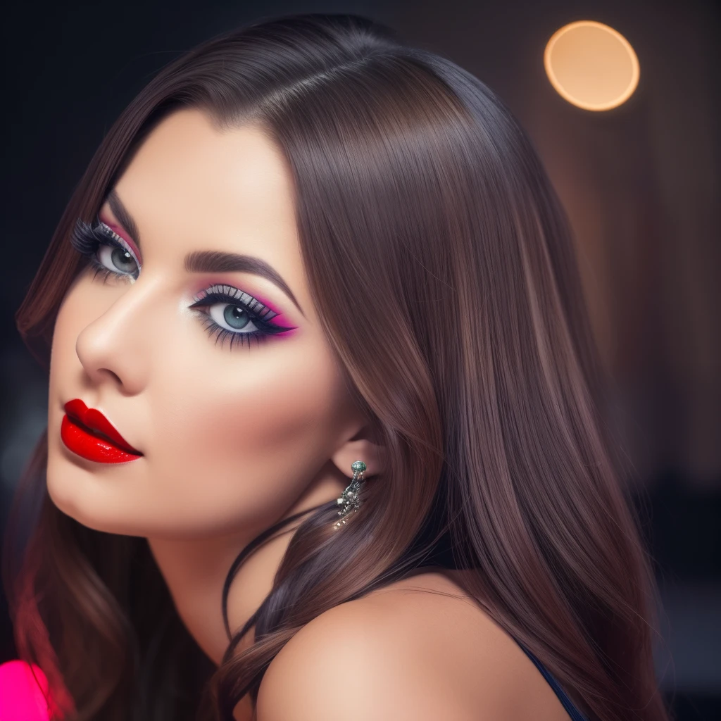 brunette with hot, perfect body, Rebecca, cherry red lipstick, 64k, makeup, full body, top-quality, hightquality, Extreme Detail Photography, Eye for extreme detail, masterpiece, 16k, 8k, 4K, HD, UHD, In a night club, a beautiful woman, posing for a picture, looking aroused, she is wearing a night club dress,stockings,red lips, depth of field, bokeh, close up shot of her face and cleavage from the side, Brunette Blue Eyes Rebecca, full body view --auto --s2