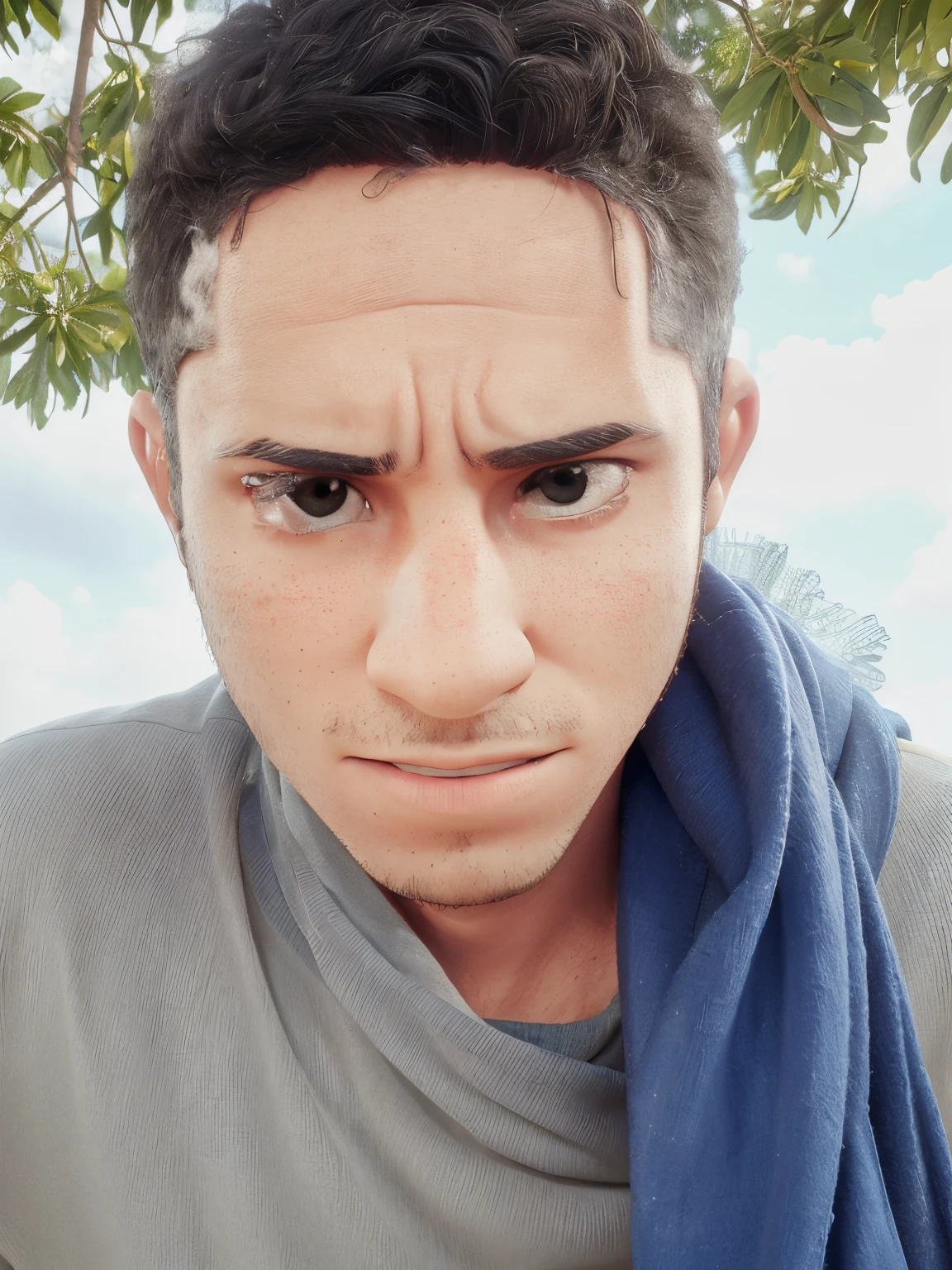 there is a man with a scarf around his neck posing for a photo, Mohamed Chahin, Atef, Alex, em torno de 1 9 anos, com rosto preciso, Saadane AFIF, Riyahd Cassiem, imagem de qualidade muito baixa, imagem do rosto, rosto raspado limpo, Estilo Mohamed Chahin, cara dura e bonita, with serious face expression