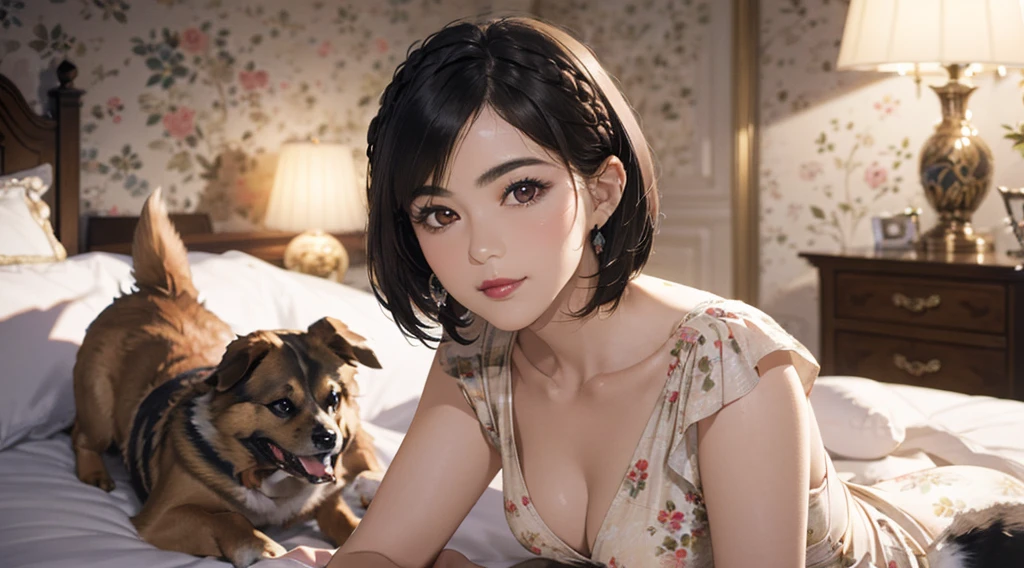 (a woman in her 20s,Works of Art), (A hyper-realistic), (top-notch image quality), ((beautiful hairstyle 46)), ((short hair:1.46)), (soft smile), (Breasted:1.1), (Lipsticks), (Floral), (Luxurious bedroom), (Depth of field is deep), (a dog:1.46)