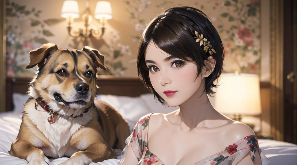 126
(a 20 yo woman,Art Works), (A hyper-realistic), (high-level image quality), ((beautiful hairstyle 46)), ((short-hair:1.46)), (Gentle smile), (breasted:1.1), (lipsticks), (florals), (Luxurious room), (Depth of field is deep), (a Dog,Dalmatian)