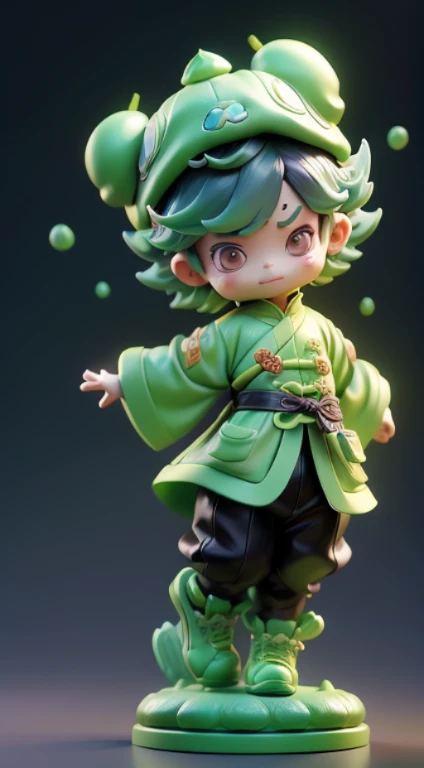 Blind box style， tchibi，Chinese boy in green dragon costume, cartoon style, Cute Dream, character cartoon, digital art, soft light macaron color scheme, ancient Chinese architectural background, 3D modeling, Pixar animation