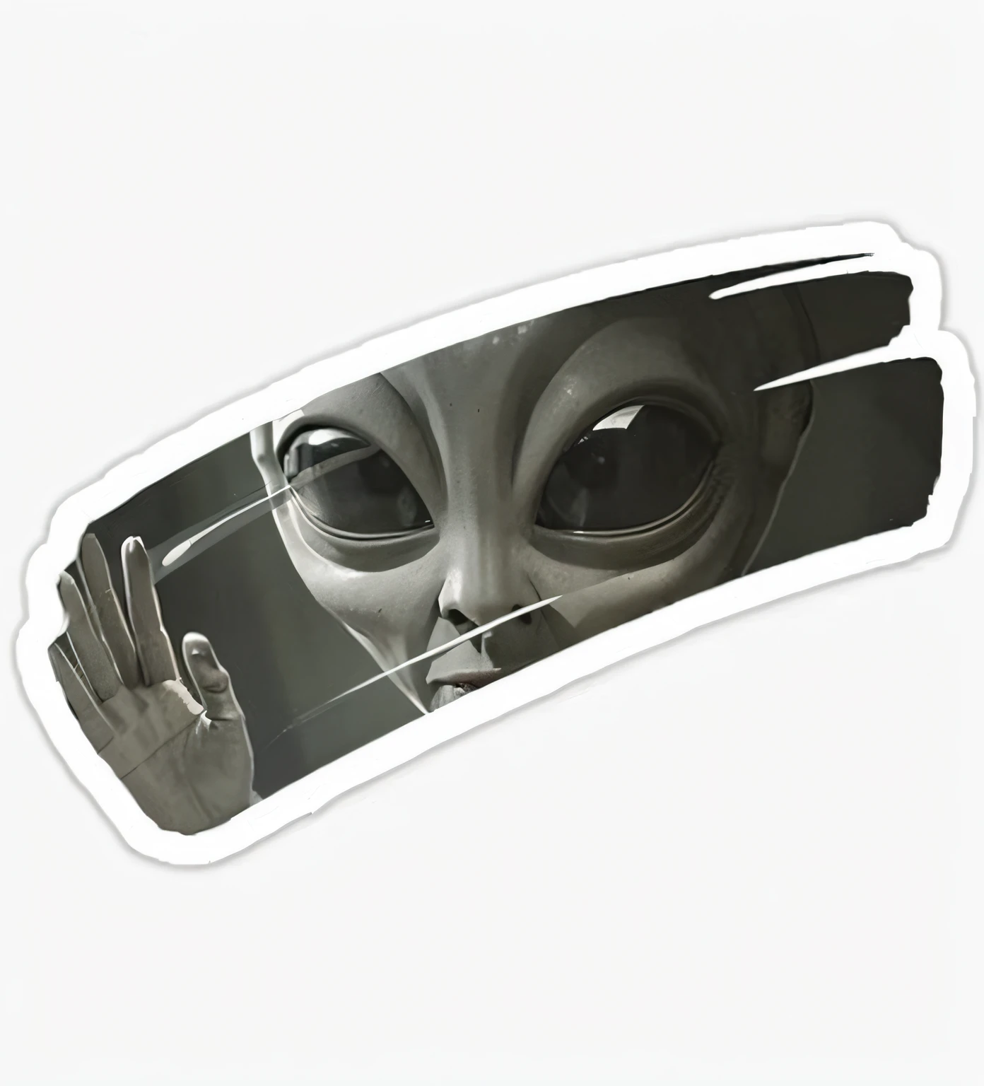 a close-up of a sticker with a photo of an alien, alien grey, adesivo minimalista, extraterrestrials reach for him, Gray alien, Grey alien, sticker illustration, alien design, Grey aliens, Space alien, alien vibes, alien art, alien looking, alien art, extraterrestre, adesivo vetorial, alien portrait, adesivo - arte