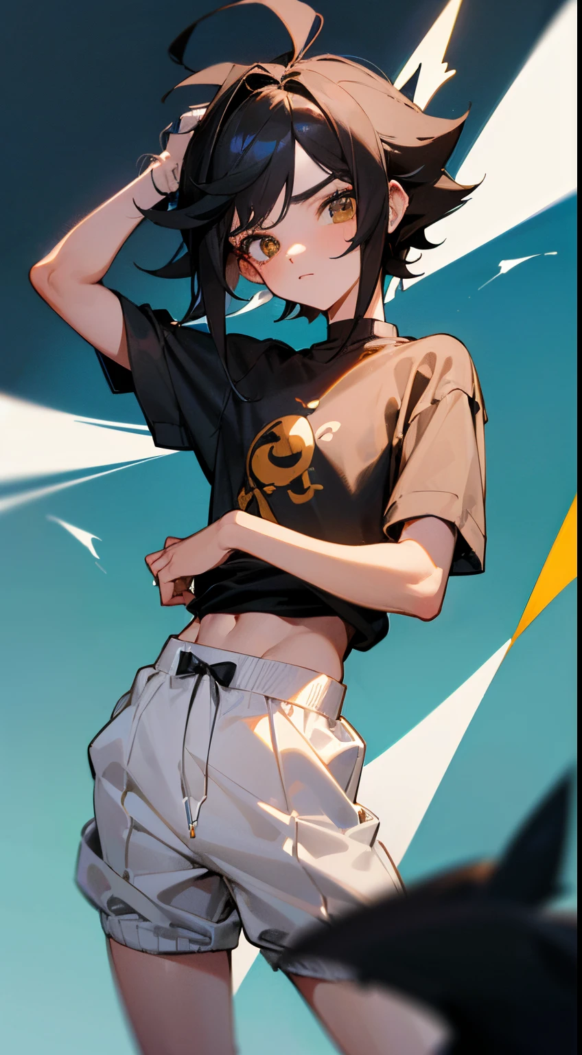 1 menino, coelhinho, Anthropomorphic, Adolescente, jovem, messy black hair, corte masculino, ((corpo feminino meio masculino perfeito)), (cabelo preto 1.7), (olhos azuis 1.6)) ((quadris largos)), ((tiny waist)), pale white skin, caucasiana, ((Pernas curtas)), (curto), (pequeno), (orelhas de coelho), (((Short white sweatshirt and short black shirts))), deitando em uma pose sexy, wearing a sensual expression, ele parece um femboy