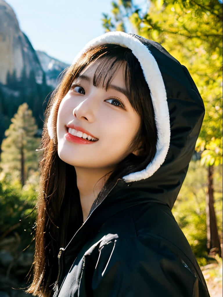 (masterpiece, best quality, photo realistic, official art:1.4), (UHD, 8K quality wallpaper, High resolution, raw photo, film grain:1.2), (shiny skin), professional lighting, physically-based rendering, Award-winning, highly detailed skin, (extremely detailed face and eyes, clear pupils), Carl Zeiss 300mm F/2.8, depth of field, BREAK, 1girl, solo, kawaii 24-year-old Korean girl, (Nogizaka idol:0.7), (Korean idol Suzy), (glossy straight black hair, bust length straight hair, straight bangs:1.3), extra rounded face, single eyelid, (big laughing:1.3), (wearing over sized parka:1.3), (trekking pants, trekking boots:0.7), (breasts emphasized, well shaped medium breasts:0.8), (looking at viewer), BREAK, (at a forest in Yosemite National Park), winter daytime, warm sunlight, (The Half Dome on background:1.2), (seductive posing, dynamic angle:1.3), upper body shot,