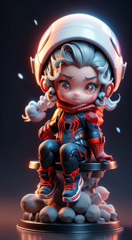 Blind box style， tchibi，Spiderman in winter suit sitting on the ground, Concept art inspired by Chris LaBrooy, cgsociety contest winner, number art, Cute and detailed digital art, lovely digital painting, Cute 3d rendering, Portrait of Spider-Man, adorable digital art, Futuristic style Spider-Man, a cute spider, cute cartoon character, cute artwork, Spidey