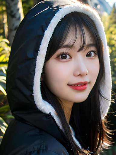 (masterpiece, best quality, photo realistic, official art:1.4), (UHD, 8K quality wallpaper, High resolution, raw photo, film grain:1.2), (shiny skin), professional lighting, physically-based rendering, Award-winning, highly detailed skin, (extremely detailed face and eyes, clear pupils), Carl Zeiss 300mm F/2.8, depth of field, BREAK, 1girl, solo, kawaii 24-year-old Korean girl, (Nogizaka idol:0.7), (Korean idol Suzy), (glossy straight black hair, bust length straight hair, straight bangs:1.3), extra rounded face, single eyelid, (big laughing:1.3), (wearing over sized parka:1.3), (trekking pants, trekking boots:0.7), (breasts emphasized, well shaped medium breasts:0.8), (looking at viewer), BREAK, (at a forest in Yosemite National Park), winter daytime, warm sunlight, (The Half Dome on background:1.2), (seductive posing, dynamic angle:1.3), upper body shot,