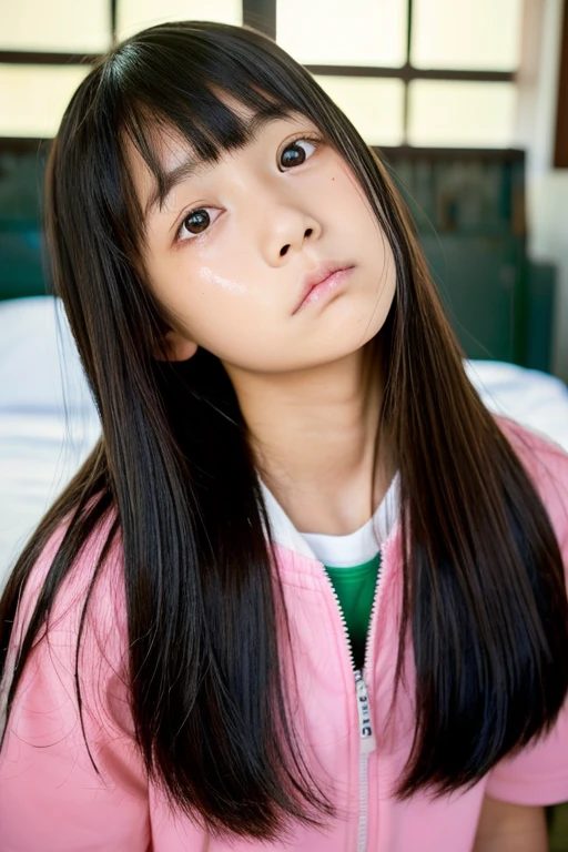 Japanese Girls、、Forehead Baring、Long Straight Hair、Short sleeve shirt、Sticking tongue out face、Sticking out tongue、