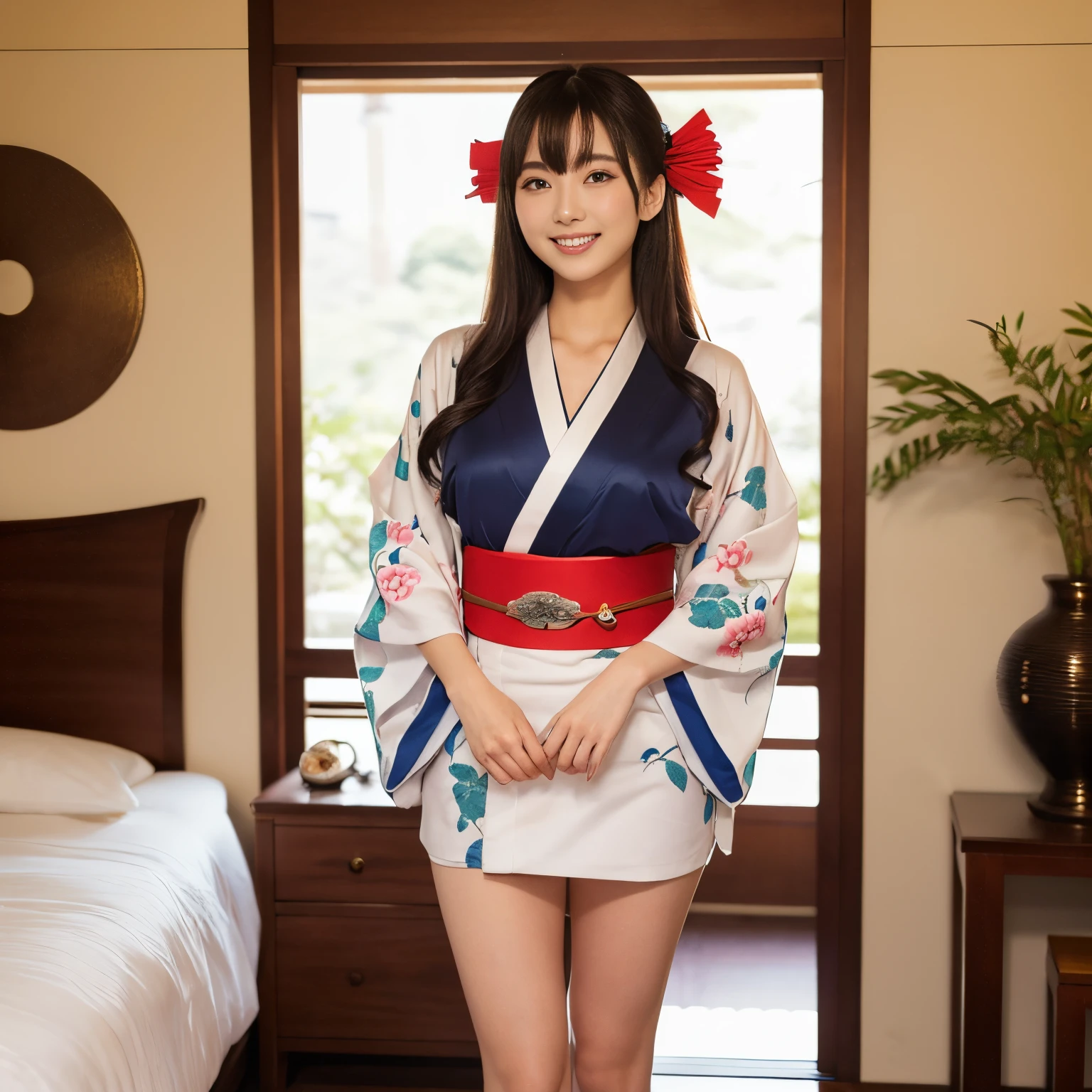 ((top-quality、masutepiece、8K、Top image quality))、(one shrine maiden princess:1.3)、(Luxuriously decorated princess long-sleeved kimono:1.3)、(very luxurious and intricate costumes:1.1)、(Luxury miniskirt for princesses:1.3)、(Photographing a woman from the knees up:1.1)、(low angles:1.3)、(White furisode:1.3)、(Red mini skirt:1.3)、(This is a very luxurious and luxurious long-sleeved kimono..:1.3)、luxurious belt around the waist、is standing、Photographing the standing shrine maiden from below.、beauty legs、long beautiful legs、Raw feet、View me、Biggest smile、The background is a majestic and luxurious shrine、A majestic and luxurious exterior that looks just like a real shrine、A luxurious authentic shrine using Niwa lacquerware、accurate ???????