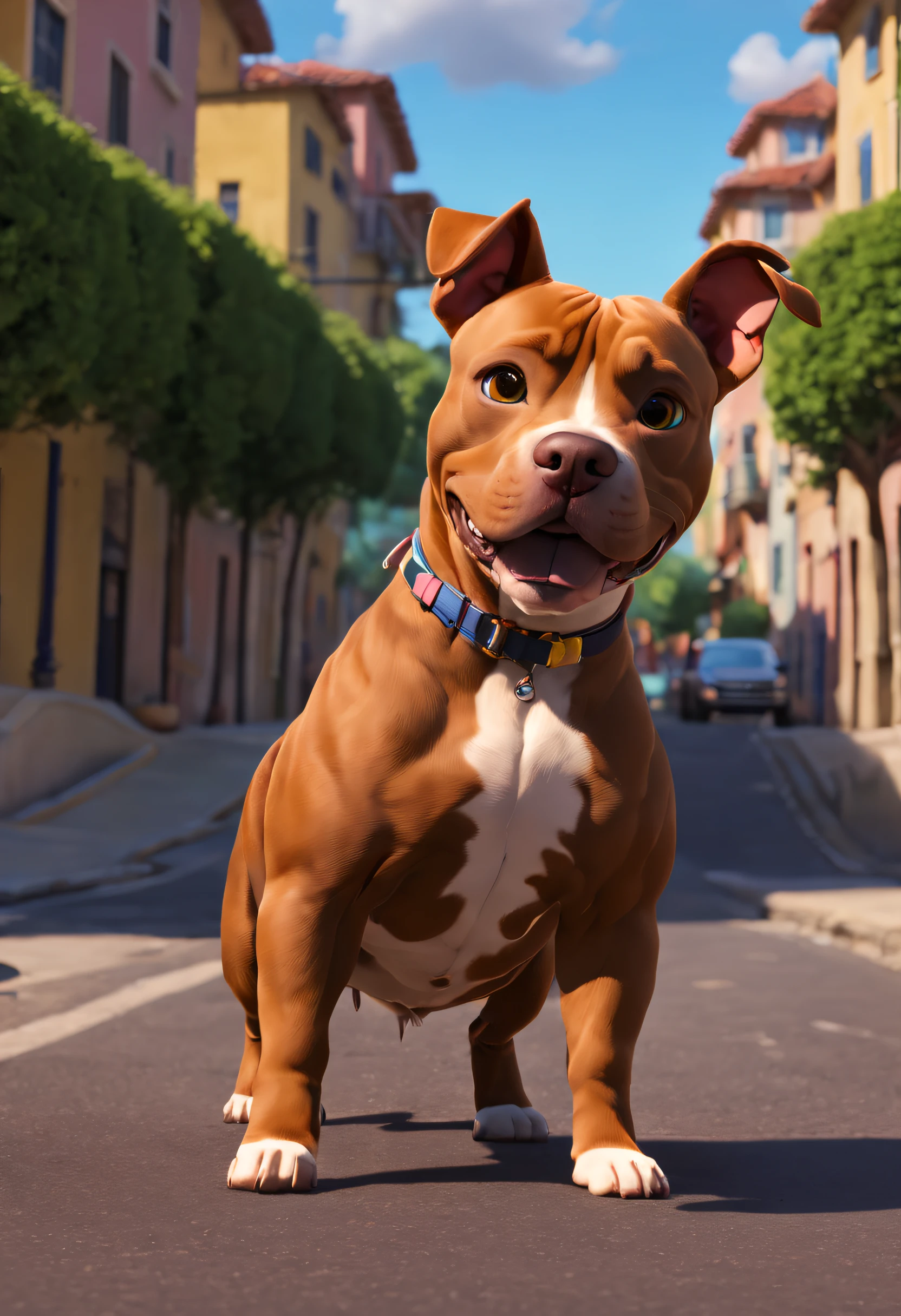 (Um pitbull banguelo),(pelos cinza),(olhos castanhos),(sorrindo),(andando de bicicleta),(Pixar e Disney inspirados),(cores vibrantes),(soft lighting),(4k)