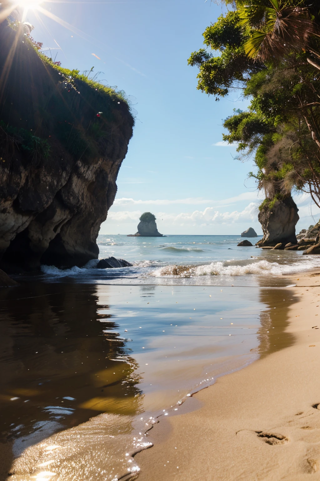 canoa na beira do mar com pedras com reflexo nitido na agua entre palmeira e um sol radiante no fundo