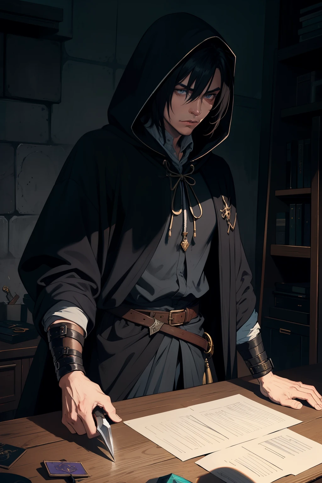 man mysterious elf assassin arcane trickster rogue dark robe hooded black short hair with a dagger dnd character