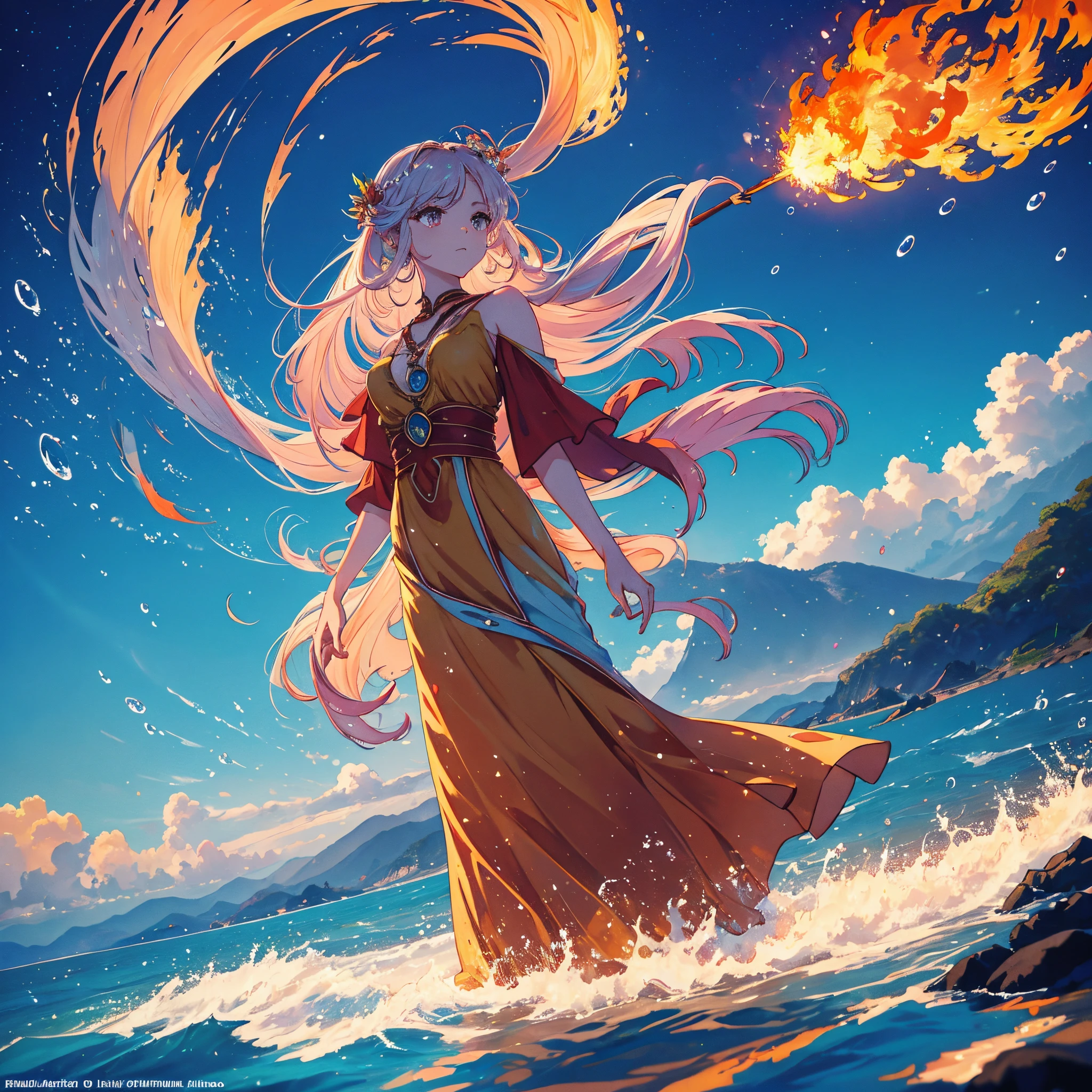(best quality,4k,8k,Altas,master part:1.2),vivid colors,estilo anime,personagem feminina,dominando os quatro elementos do fogo,water,terra,e ar,linhas bem desenhadas,fire:1.1,water:1.1,terra:1.1,ar:1.1,long water color hair,olhos azuis arregalados,flawless pale skin,figura esbelta,Flowing dress,linha de luz ao redor do corpo do personagem,fire spinning around the character&#39;s hands,water drops floating in the air,earthy textures and patterns on the character&#39;s costume,correntes de ar soprando suavemente o cabelo e o vestido do personagem,bela paisagem ao fundo com uma mistura de fogo,water,terra,e elementos de ar,foco nítido,Ultra-detailed scenario,Anime-inspired lighting,poder cativante que emana dos olhos e do corpo do personagem.