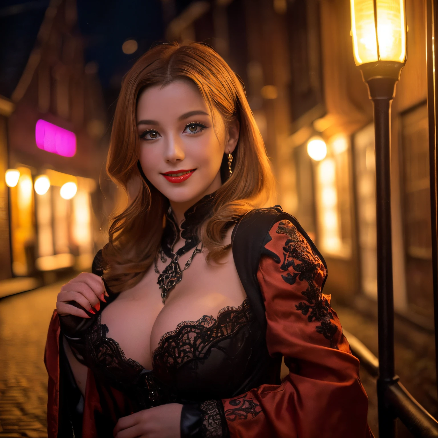 ((top-quality、masutepiece、8K、Top image quality、Highly complex and detailed depictions))、(Dutch beauty photo:1.3)、Luxury red-light district of medieval Holland、the most luxurious prostitute costumes、Pregnancy、((The most beautiful medieval Dutch courtesan costumes、The most luxurious medieval Dutch courtesan costumes、The most extravagant and lewd red-light district、An unimaginably huge entertainment district、A very luxurious and obscene red-light district in medieval Holland、Huge red light district at midnight in medieval Holland、Very complex decoration)、(View me、Bewitching smile、long eyelashes、Perfect makeup、lipsticks、A slight smil)、(perfect anatomia:1.2)、(Depth of field is deep:1.5)、(Detailed and intricate red light district background:1.3)、(Vivid background of a obscene medieval Dutch red-light district:1.3)、spectacular movie lighting、(romantic mood night:1.1)、(Perfectly recreates the atmosphere of a medieval Dutch red-light district:1.3)、(obscene entertainment district:1.1)、(Obscene mood 1.1)