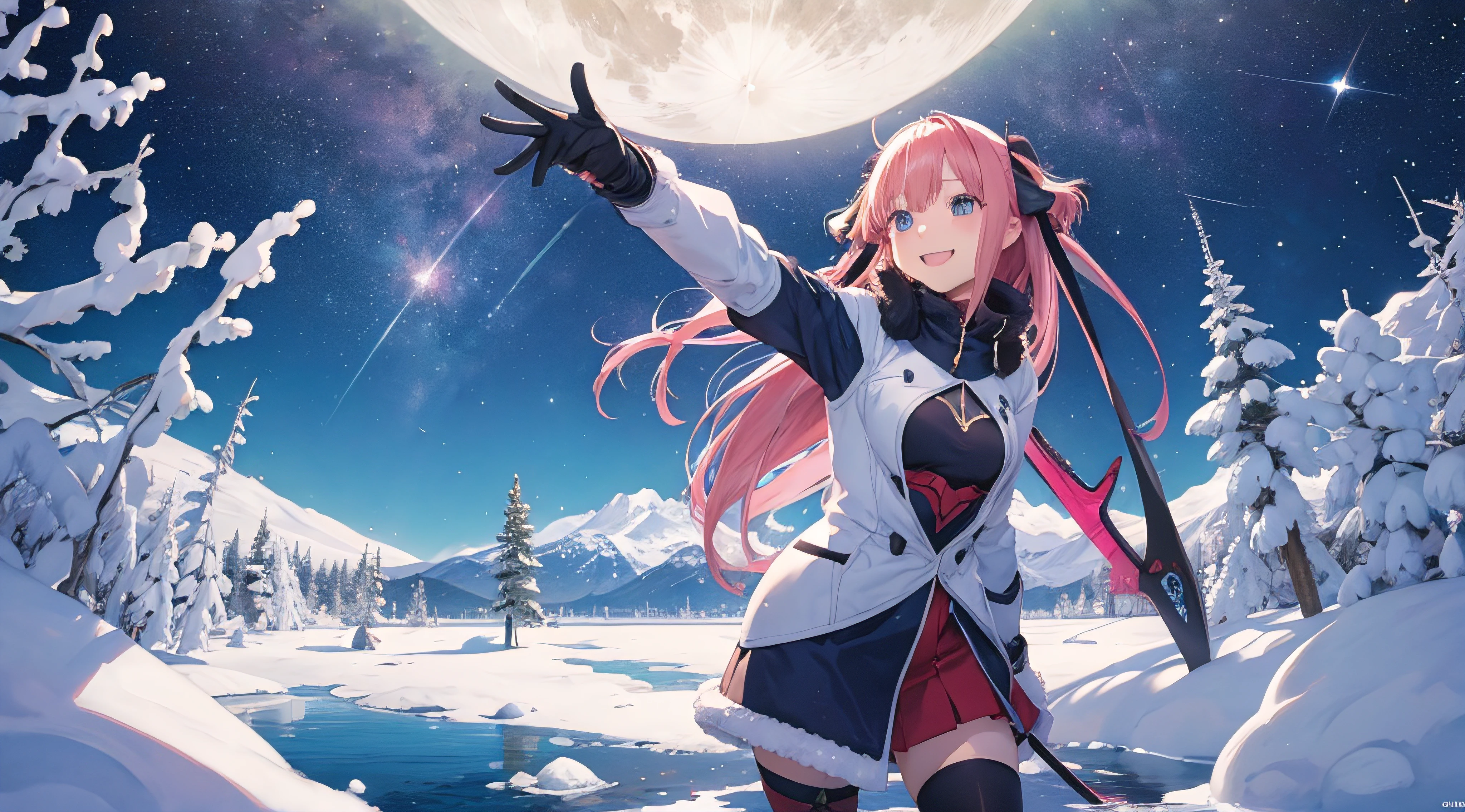 Nino Nakano riendo,Pose sexy,armadura de nieve ,lago de hielo luz de luna