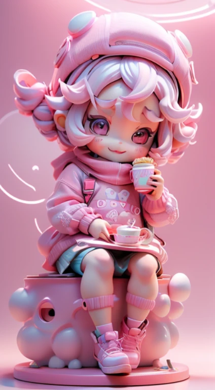 Blind box style， tchibi，A super cute baby girl, sweet smile, bright big eyes, wearing a pink sweater, wearing a pink hat, drinking a cup of pink milk tea, flower decoration, hair glow, Pixar style, excellent ceiling light, sitting in the middle, middle distance, fantasy, super realistic, 3D, film light, dream engine, 8K