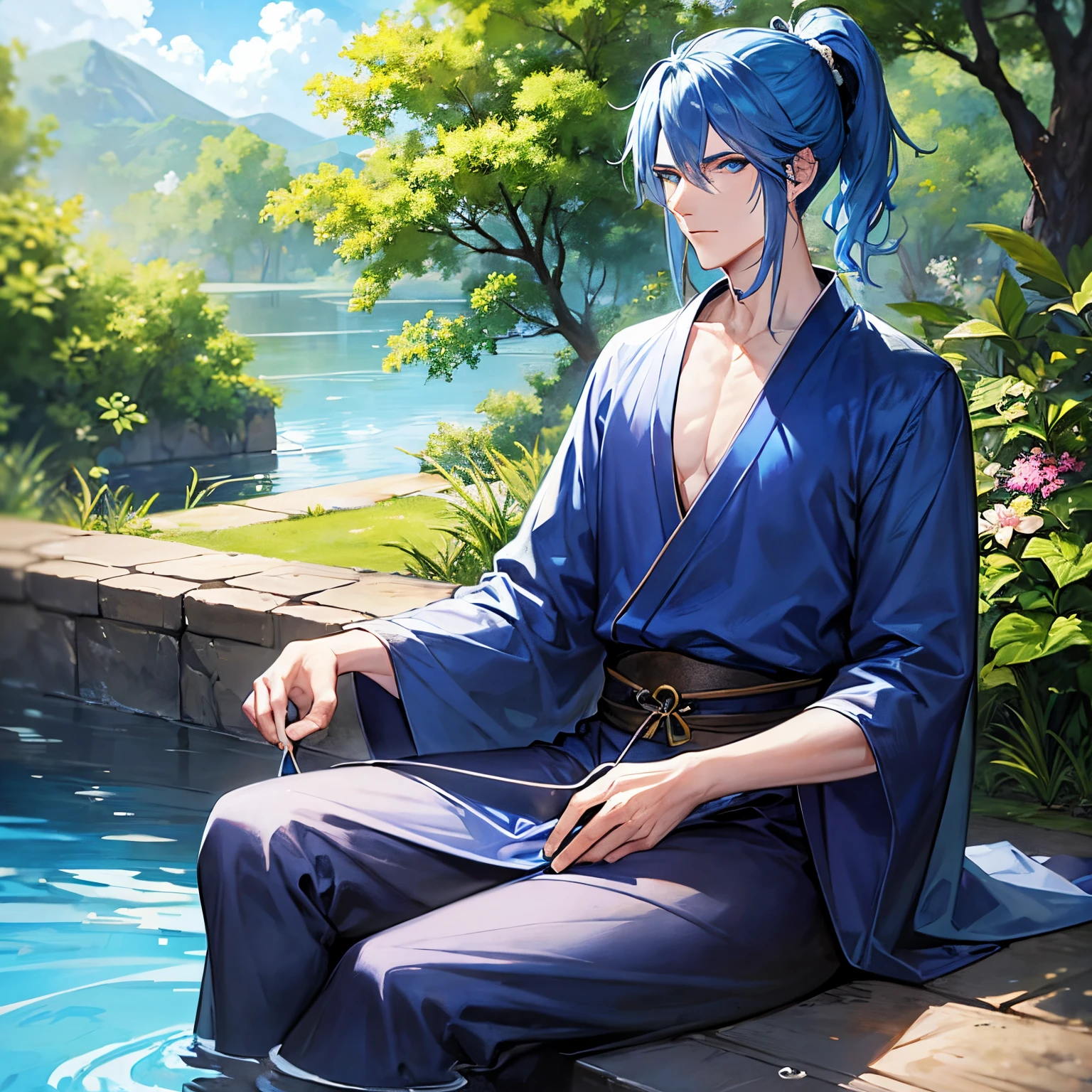 Tall ((man)), blue eyes, Long blue ponytail ,wearing a blue dark kimono, meditating on water, looking at the viewer, cowboy shot, masterpiece
