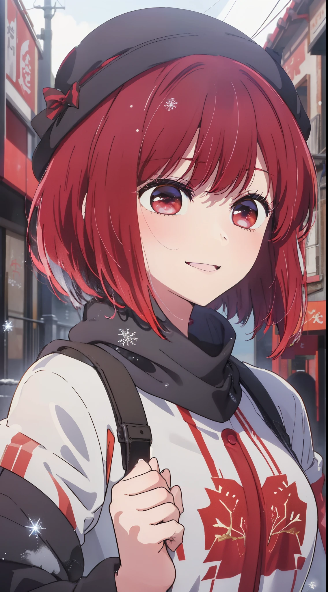 masterpiece、ighly detailed、(1 girl in:1.2)、Red hair、big eye、(((a closeup)))、A smile、8K、short-hair、(((anime styled)))、(((2D)))、red eyes、Open your mouth、(((Winter clothes)))、Street、Shining eyes、Plain clothe