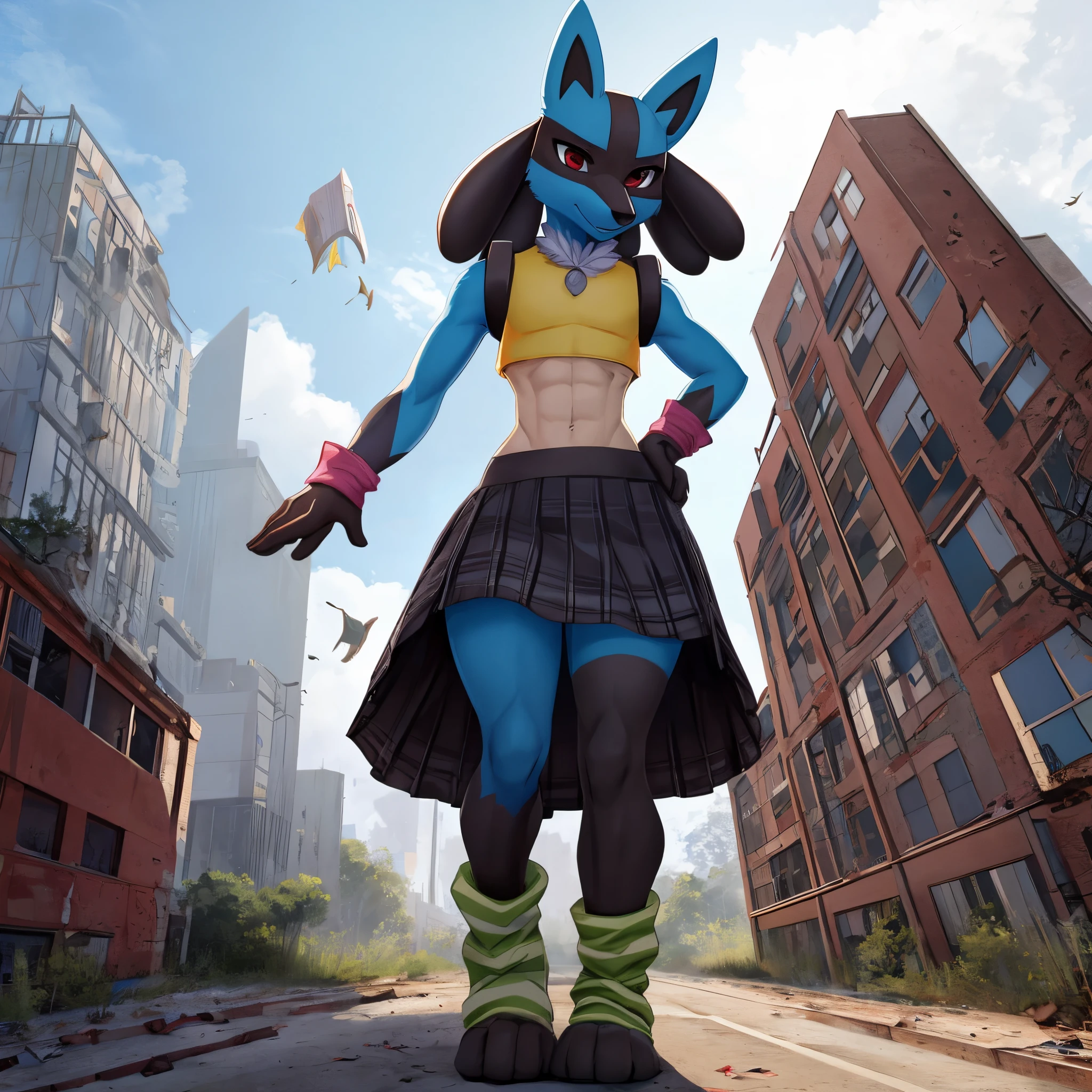 Lucario, male, only person, wearing a small femboy crop top and skirt, striped arm and leg warmers, strong wind blowing up skirt and crop top, holding back down, upward front view, standing onto of a skyscraper in a abandoned city