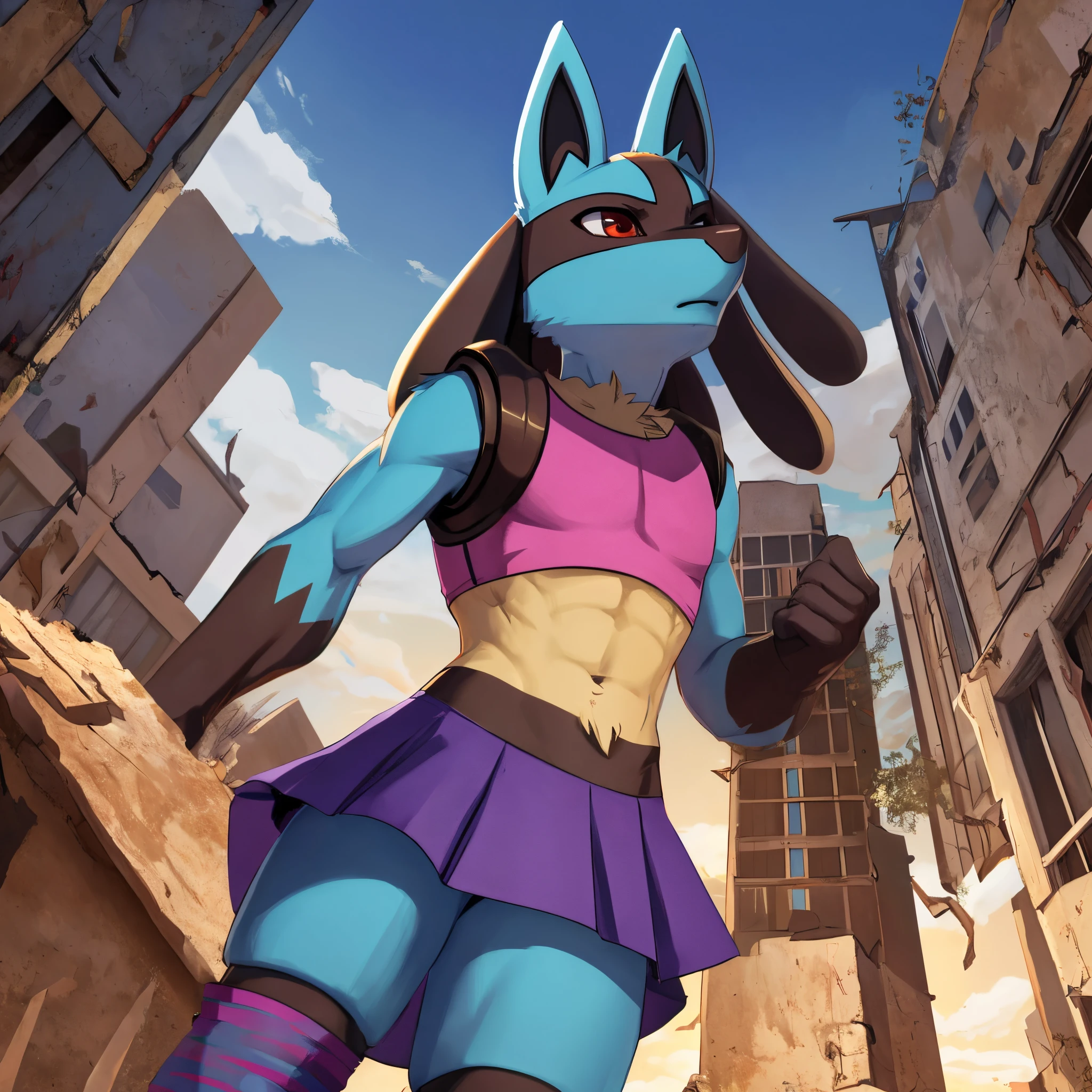 Lucario, male, only person, wearing a small femboy crop top and skirt, striped arm and leg warmers, strong wind blowing up skirt and crop top, holding back down, upward front view, standing onto of a skyscraper in a abandoned city