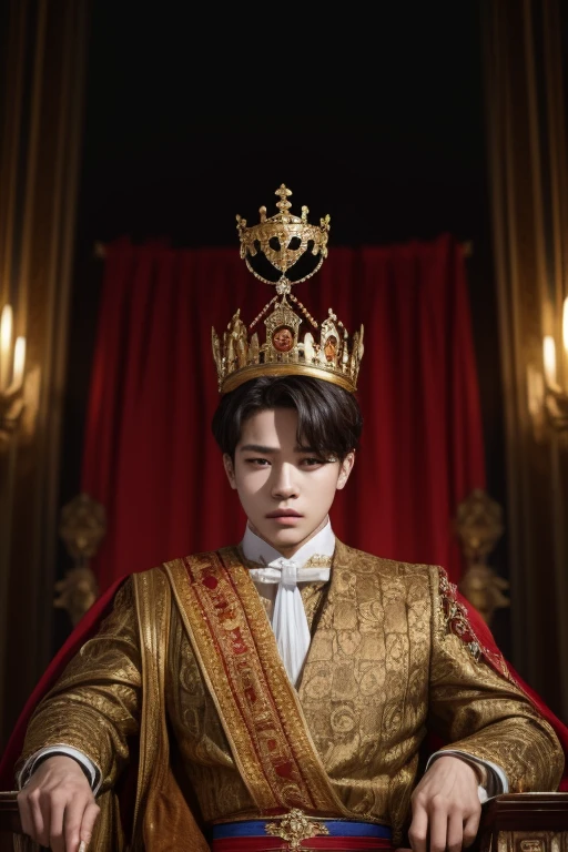 (masterpiece), (best quality), (highly detailed),park jimin do bts, wearing royal clothes while having blood on your hands and the crown on your head