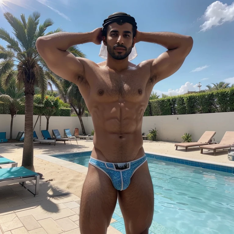 1 Arab men,masterpiece body,beautiful eyes,beach briefs ,bulge Dick,sun,4k,photo,sun,swimmingpool,