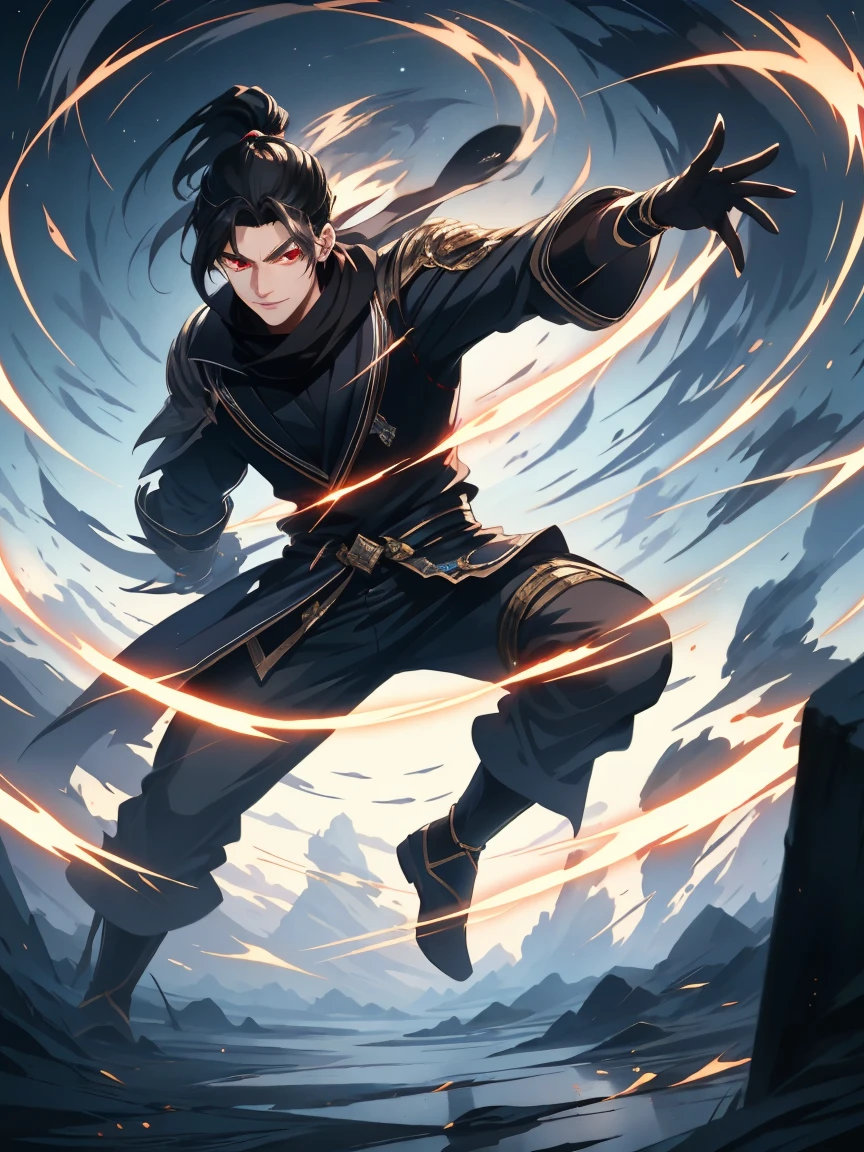 a painting that represents the nature of magic in his world，Black hair with high ponytail，The red-eyed protagonist has a mysterious black mark on his neck，Black scarf，Immerse yourself in a barrage of magical energy，Normal hands，Glowing particles dance around him，Mysterious symbols formed in the sky， tmasterpiece， Best quality at best， ultra - detailed， lamplight， 8k resolution concept art， Fantasyart， epic art， 4K concept art wallpaper，deep colour，natural  lightting，swirls of magic，