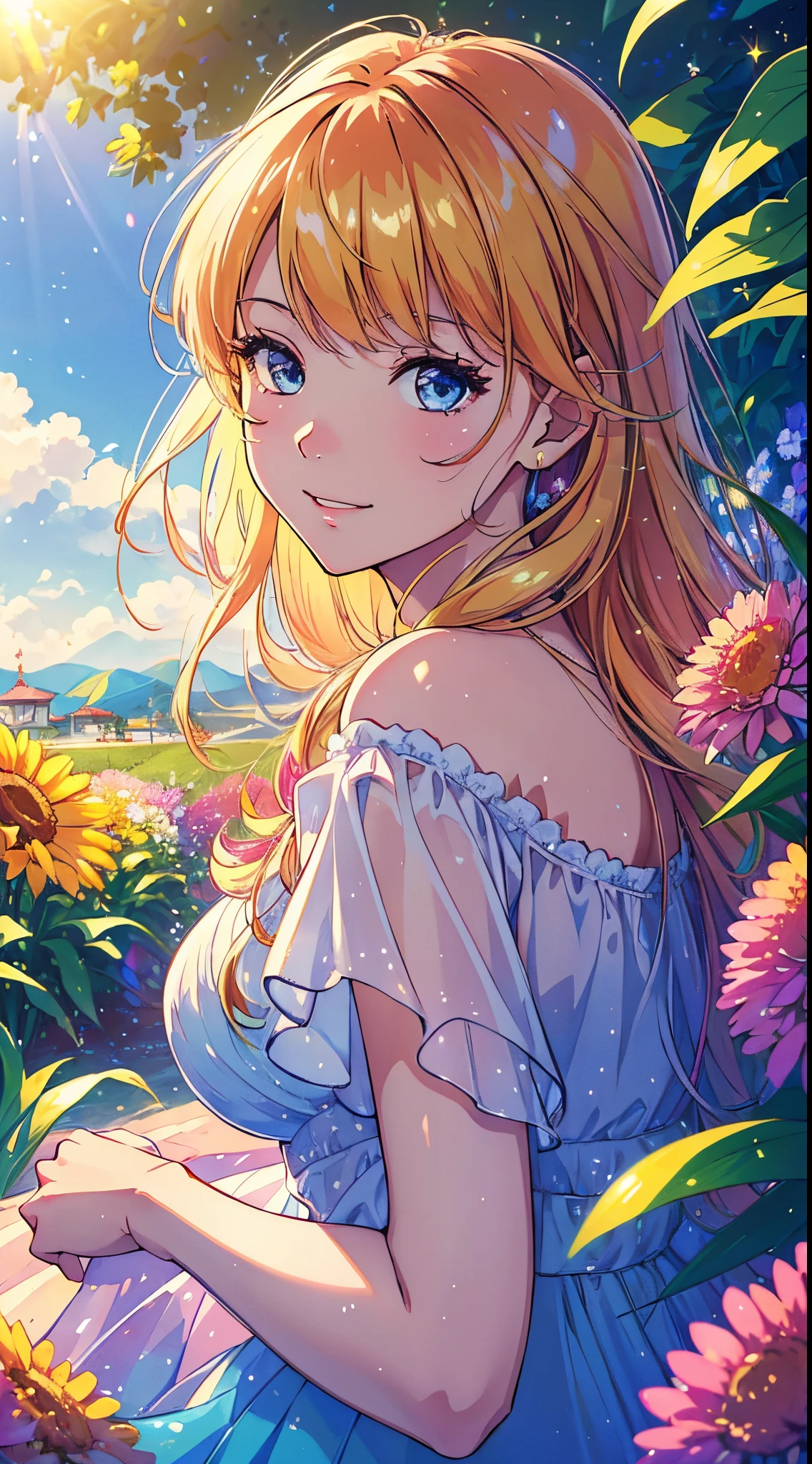 (best quality,4k,8k,highres,masterpiece:1.2),ultra-detailed,(realistic,photorealistic,photo-realistic:1.37),anime,portrait,adorable girl,stylish sunglasses,vibrant colors,glowing skin,shiny hair,cute expression,sparkling eyes,playful smile,fashionable outfit,trendy accessories,summer vibes,sunshine,beautiful garden, blooming flowers,colorful butterflies,soft breeze,peaceful atmosphere,relaxing backdrop,cheerful and lively,gentle lighting,magical aura