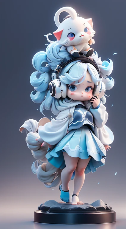 Blind box style， tchibi，Cute big breasts,white backgrounid,simple backgound,long_the hair, lookingat_show on_Peek at viewers, The face is red, through bangs, blue_eyed, long_the sleeve, a skirt, exceedingly_long_the hair, blue_the hair, Eternal, full_body, ahoge, The white_the hair, shairband, Barefoot, Chibi, The white_a skirt, the hair_exceed_Yoon_eyed, edd_Upp, Earphone, blue_Background with, Eternal_show on_Yoon_law, fluffy_long_the sleeve, synthetic_statues