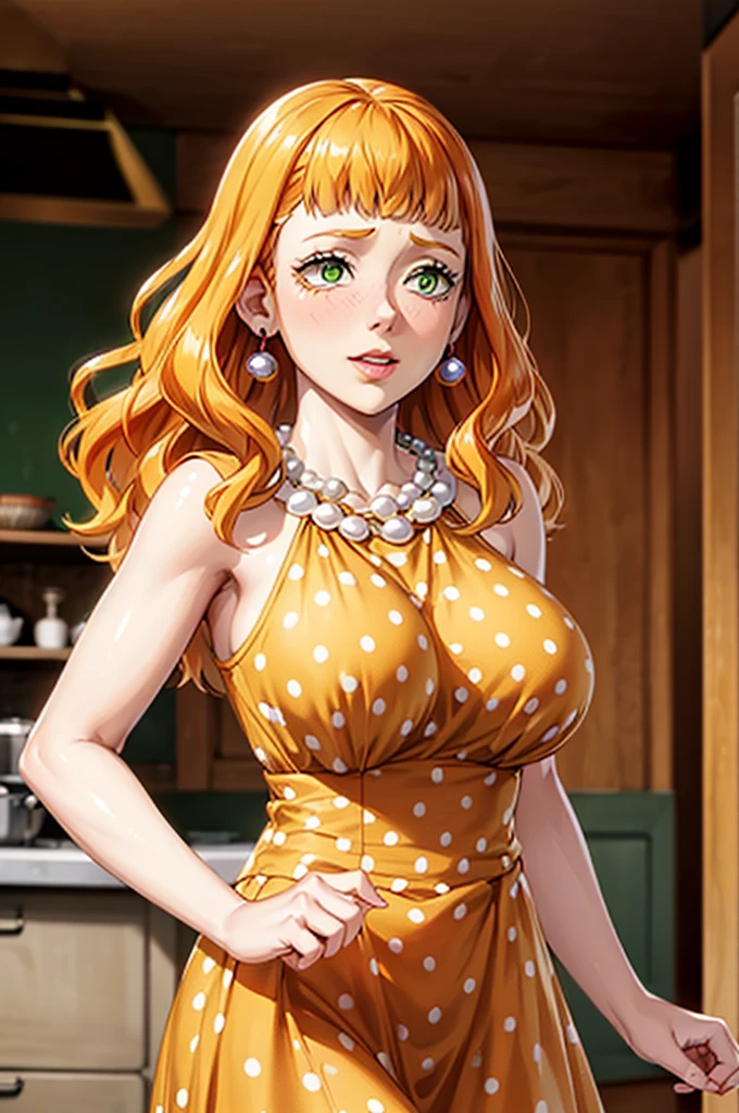 mimosa vermillion, orange hair, green eyes,(best quality), (highly detailed), masterpiece, (official art),(mimosa vermillion,orange hair,green eyes),(Stepford),lips, makeup, lipstick,red lips,smile, (hand on own chest),(polka dot:1.4), (polka dot dress:1.4),(pearl necklace:1.2), pearl bracelet, bare shoulders,(red dress:1.2),(aroused), nose blush ,standing, kitchen, pinup, big breasts, (large pearl necklace), (hoop earrings:1.2), (intricately detailed, hyperdetailed), blurry background,depth of field, best quality, masterpiece, intricate details, tonemapping, sharp focus, hyper detailed, trending on Artstation,1 girl, high res,facing viewer, official art