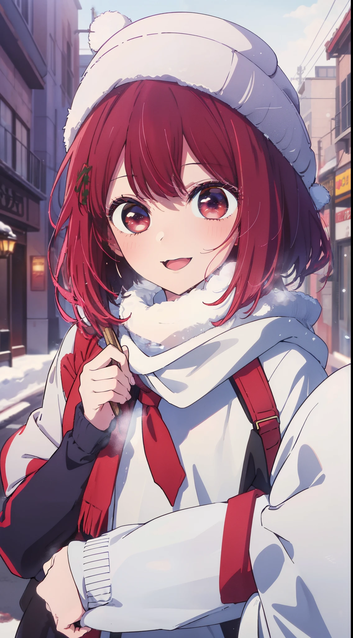 masterpiece、ighly detailed、(1 girl in:1.2)、Red hair、big eye、(((a closeup)))、A smile、8K、short-hair、(((anime styled)))、(((2D)))、red eyes、Open your mouth、(((Winter clothes)))、Street、Shining eyes、Plain clothe