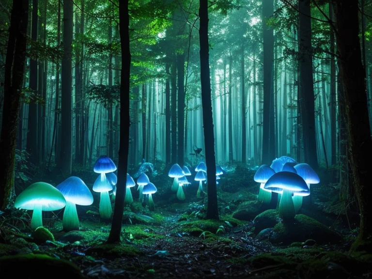 Bioluminescent mushrooms,glowing in the dark,forest under moonlight,dense foliage,ethereal atmosphere,soft moonlight illuminating the scene,illuminating mushrooms,captivating glow of mushrooms,magical forest with glowing mushrooms,enchanted woodland bathed in moonlight,translucent mushrooms creating a mystical ambiance,shimmering light filtering through the trees,luminous fungus casting an otherworldly glow,mystical fungi emitting an enchanting radiance,colorful bioluminescence decorating the forest floor,otherworldly glow painting the dark forest,magical creatures lurking in the shadows,fairy-like beings dancing among the mushrooms,toadstools with a mesmerizing glow,enchanted garden with bioluminescent mushrooms,soft glow guiding lost wanderers,mysterious source of light in the depths of the forest,serene and magical presence of glowing mushrooms,breathtaking display of bioluminescence,softly glowing forest with vibrant mushrooms,creating an ethereal and dreamlike atmosphere.