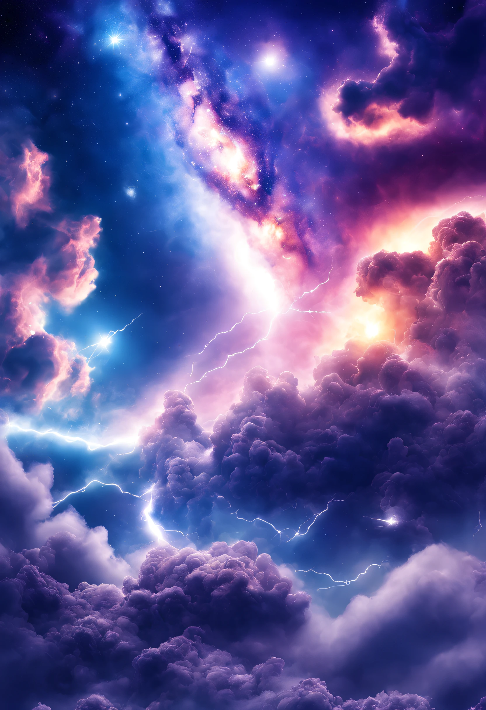 A beautiful, detailed, textured magnificent galaxy with dreaming clouds of stardust and a planet a little further away, and a lightning storm