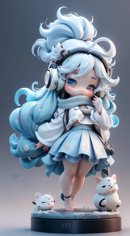 Blind box style, Chibi,Cute big breasts,white backgrounid,simple backgound,long_the hair, lookingat_Shown in_peeking at the viewer, face flushed, through bangs, blue_with eyes, long_the sleeve, a skirt, extremely_long_the hair, blue_the hair, everlasting, full_body, ahoge, The white_the hair, shairband, The barefoot, tchibi, The white_a skirt, the hair_exceed_Yoon_with eyes, Ed_Upp, Earphone, blue_Background with, everlasting_Shown in_Yoon_law, Fluffy_long_the sleeve, resultant_statues