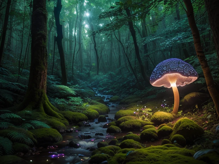 A girl in a forest,bioluminescent mushrooms,dreamy atmosphere,enchanted woods,magical glow,hint of mystery,glimmering light,soft moss-covered ground,fantasy scenery, ethereal beauty,delicate flowers,moonlit night, vibrant colors,subtle color gradients,lush greenery,glowing spores, mesmerizing display,illuminated pathway,enchanted forest flicker (best quality,4k,8k,highres,masterpiece:1.2),ultra-detailed,(realistic,photorealistic,photo-realistic:1.37), HDR, vivid colors, bokeh.