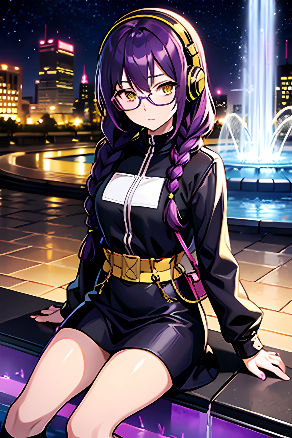 close up, 4k resolution, hd, 2d anime style, non realistic anime style, young female anime character, dark purple braids , yellow eyes, pale skin, wearing glasses, wearing headphones , sitting by a fountain , city, night, holding music disks, with purse music disk player, wearing hypster outfit