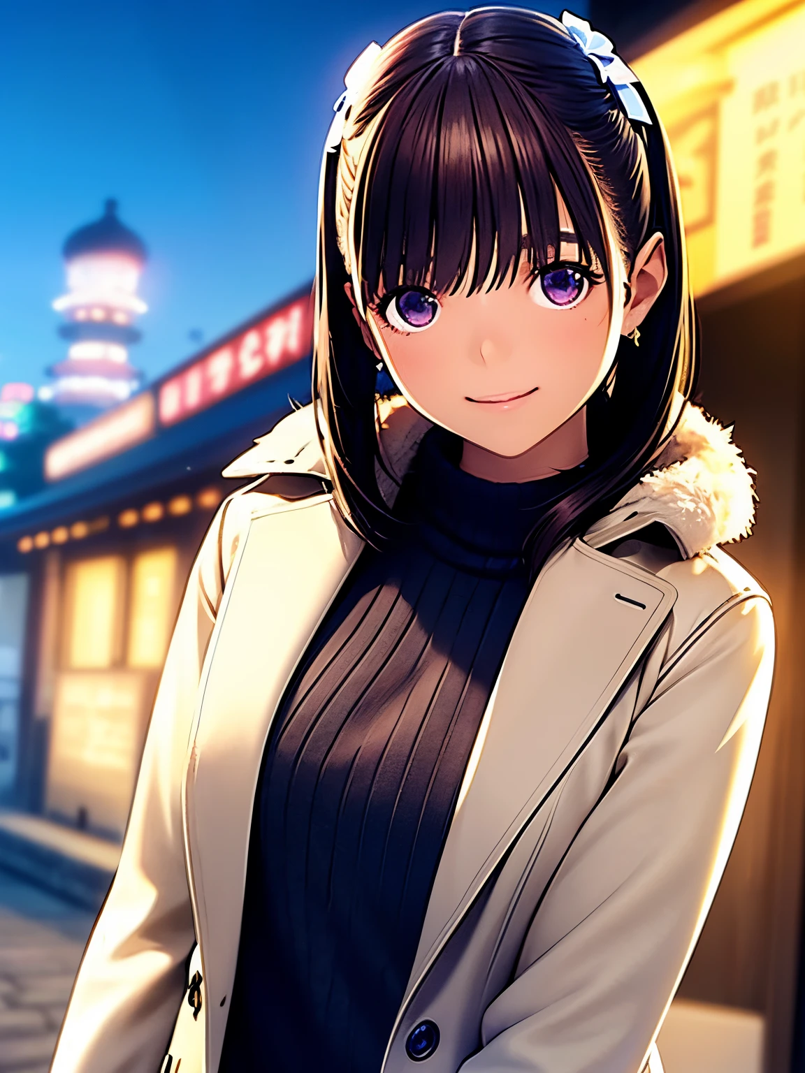 hight resolution,8K,Best Quality,detaileds,semi - realistic anime,Anime 3D Style,Smooth Anime CG,1 girl in,20 year old woman in Japan,slim,modeled,shiny chestnut hair,Medium Hair,Detailed face,Beautiful and detailed eyes,Glowing skin,(Sweaters,coat,layered clothes,Winter clothes),earring beautiful,Winters,Winters,dead wood,Hard Focus、film grains,Soft lighting,the wind,looking at the viewers,A smile,Angle from the side