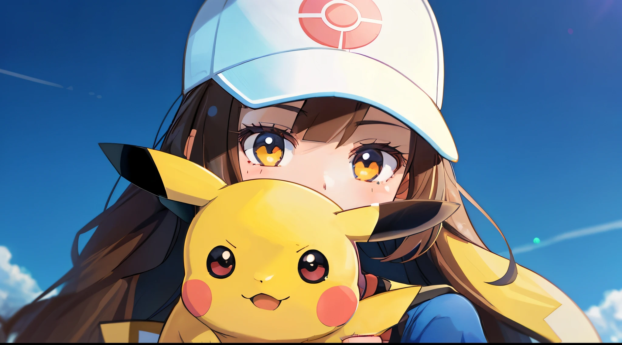 anime girl holding a pikachu with a baseball cap on, pokemon trainer, closeup
