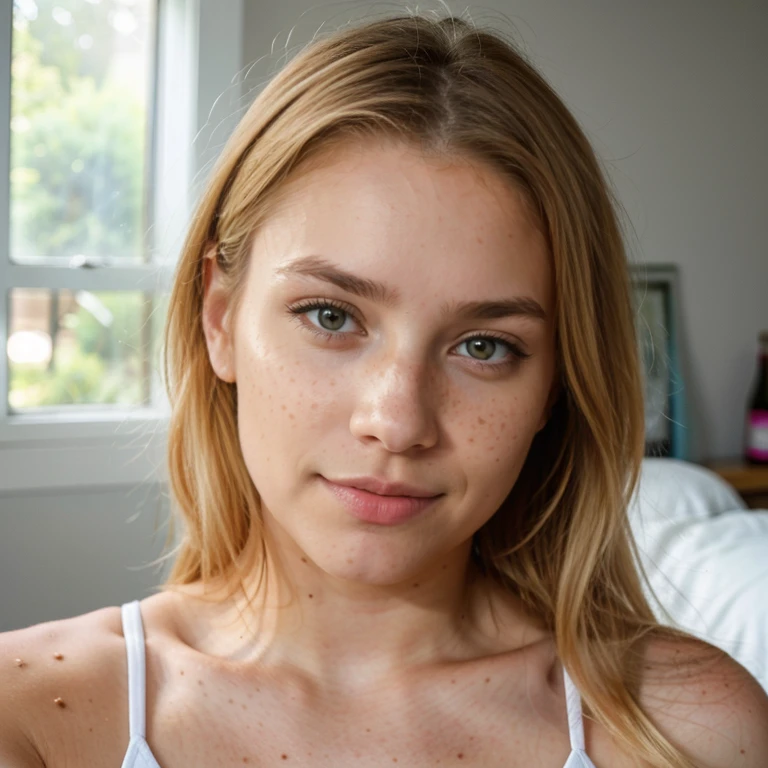 (selfie shot, from above: 1.4), (half-body portrait: 1.4), 24-year-old blonde (hazel eyed woman) standing in her room RAW uhd portrait photo, natural breast_b, room background , (yellow sundress), (crack), detailed (texture!, hair!, shine, color!!, flaws: 1.1), highly detailed glowing eyes, (looking at camera), specular light, dslr, extreme quality, sharp focus, sharp, dof, Film grain, (centered), Fujifilm XT3, crystal clear, center of frame, cute face, sharp focus, bokeh, (dark light), low key, night, (night sky ) detailed skin pores, complex eye details