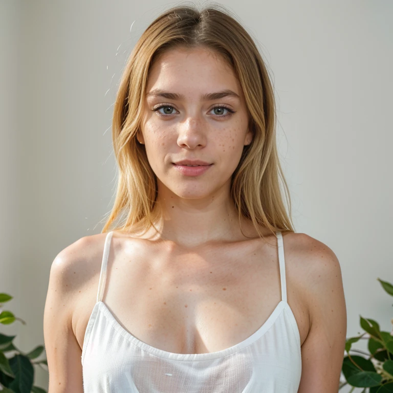 24-year-old hyper-realistic blonde latin girl with freckles, mood selfie for instagram,Ultra Definition, (photoreallistic: 1.4), 8k, calidad premier, fondos detallados, cara delicada, maquillaje natural, foto raw, iphone, HDR,Coqueteando con el espectador, apartamento de lujo, front-facing, narrow shoulders