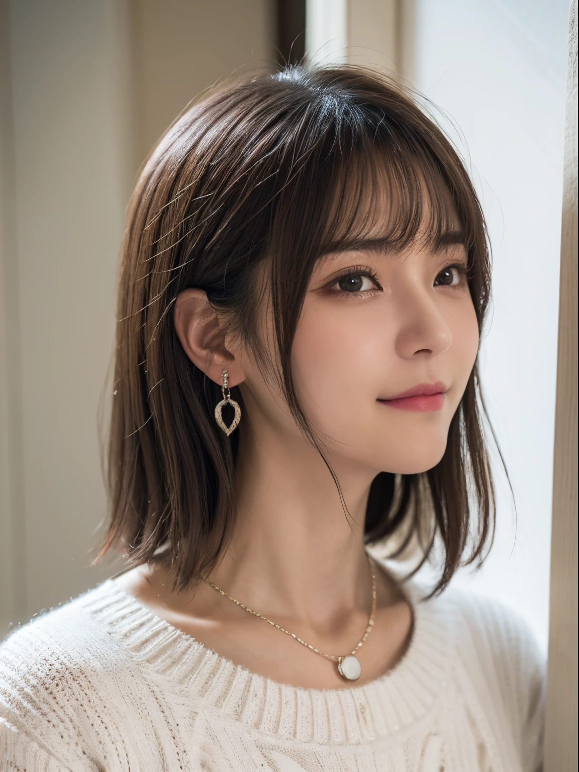 masutepiece, Best Quality, Photorealsitic, finely detail, hight resolution, 8K Wallpapers, Perfect dynamic composition, foco nítido, A hyper-realistic, Beautiful detailed eyes, Medium Hair,A smile, (drooing eyes:1.4), Adult beauty, japanes, Simple Chain Necklace, large earring, profile、(((White knitwear)))、white walls、Taken in front of the white door、Poses variadas、profile、(Dark brown hair)、 (8K)、Less bangs、Shot in natural light、(Beautiful profile:1.3)