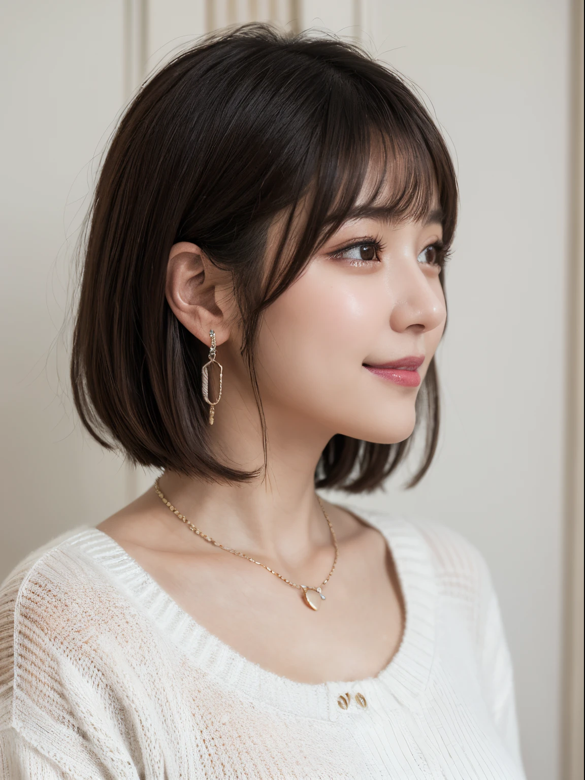 masutepiece, Best Quality, Photorealsitic, finely detail, hight resolution, 8K Wallpapers, Perfect dynamic composition, foco nítido, A hyper-realistic, Beautiful detailed eyes, Medium Hair,A smile, (drooing eyes:1.4), Adult beauty, japanes, Simple Chain Necklace, large earring, profile、(((White knitwear)))、white walls、Taken in front of the white door、Poses variadas、profile、(Dark brown hair)、 (8K)、Less bangs、Shot in natural light、(Beautiful profile:1.3)