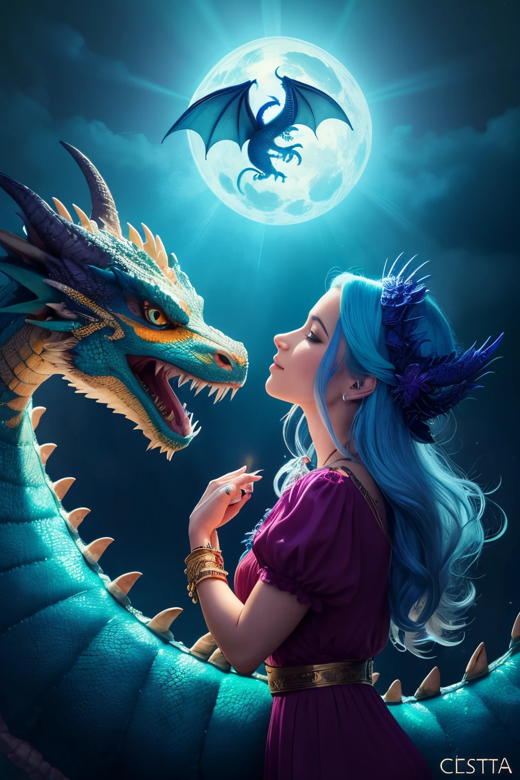((La mejor calidad)), ((Obra maestra)), (Detallado), Cara perfecta
Mujer hechicera, tiene ojos negros y pelo azul oscuro enrulado. Su cara esta cubierta de escamas de dragon. es una imagen de cuerpo competo en colores azules y celestes. He has a little dragon by his side. 
a ella le sale magia celeste de las manos, which also surrounds the small blue dragon that accompanies it on its right side