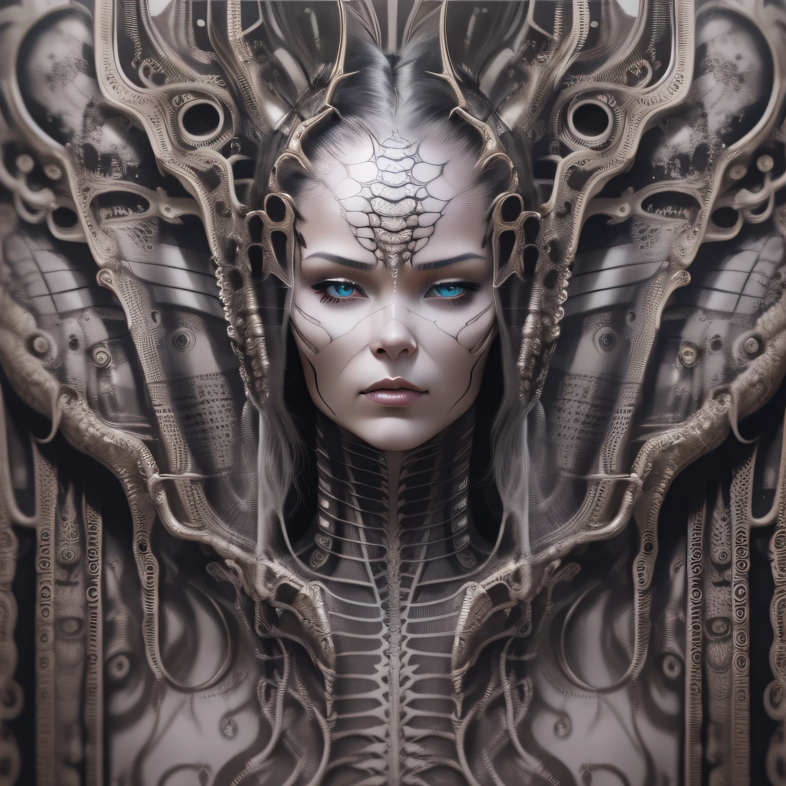 Hr giger tattooed sexy seductive dead girl, perfect face, hyper detailed ruby eyes, full body view,