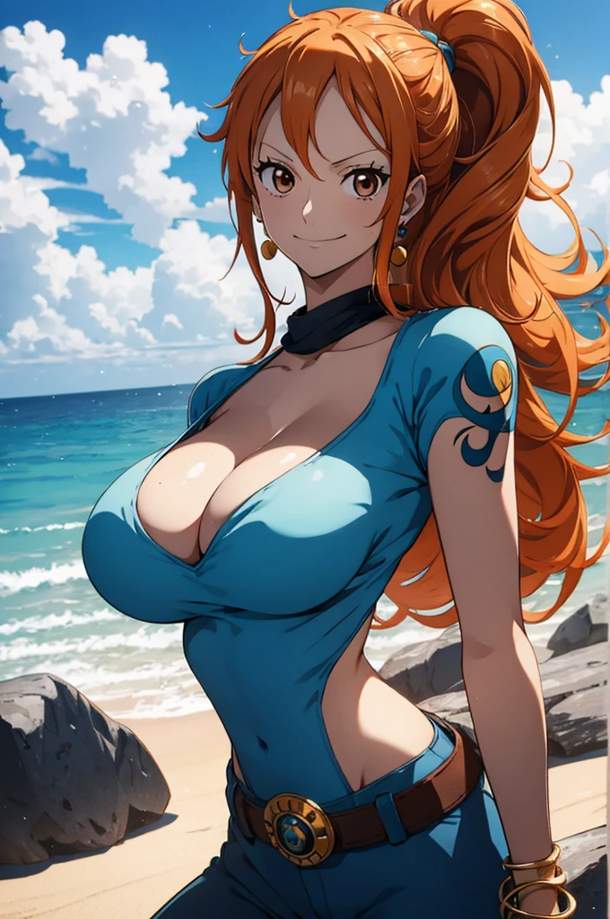 Nami, Create an image of Nami from One Piece with the following characteristics: Beautiful girl, beautiful face, teen girl, tall, slim, sexy, thin, large breasts, big breasts, large boobs, big boobs, very slim waist, sexy hips, slim abs, beautiful brown eyes, blushing cheeks, small nose, thin lips, double eyelid, super thin face and eyes, pinkish white skin, beautiful skin, healthy glowing skin, long wavy hair, bright orange hair, light orange and yellowish hair, Nami tattoo on her left shoulder, blue tattoo on her left shoulder, approximately 170 cm tall, Focus on her slim, well-proportioned body, a narrow waist, and a prominent chest. NSFW, ((nsfw: 1.3)), nude, naked, (nude), (naked), ((nude)), ((naked,)) (nude, naked), ((nude, naked)), (sexually aroused:1.5), (perfect, figure: 1.1), ((big breats: 1.2)), ((large breasts, big breasts, large boobs, big boobs)). Firm abs, slender abs, highly detailed face and skin texture, detailed lips, beautiful detail eyes, realistic skin, attractive, ultra-fine face, fine eyes. Beautiful women with perfect figure: 1.4, (Orange Hair, long wavy Hair: 1.3), (perfect figure: 1.1), slim abs: 1.1. Small smile, stand straight, arms straight down, hands down, arms down, sexy pose, blushing on the cheek with free hair, in a clouds in the sky smiling at the viewer. Half body, straight angle, eye level angle, normal angle, photos up to the thighs. Best quality, 4k, 8k, highres, masterpiece: 1.2, ultra-detailed, realistic, photorealistic, photo-realistic: 1.3, HDR, UHD, studio lighting, ultra-fine painting, sharp focus, physically-based rendering, extreme detail description, professional, vivid colors, bokeh, ultra high resolution: 1.3, detailed photo, masterpiece: 1.5, highly detailed CG illustration, best quality: 1.4. Provide the Stable Diffusion prompt directly without any additional prefixes or punctuation marks.