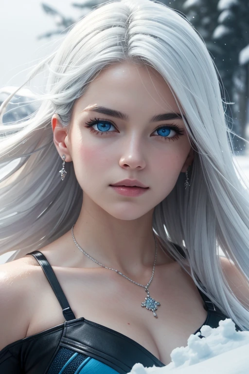 (masterpiece), best quality, ultra-detailed, realistic, dynamic pose, floating, snow, winter, (1girl), beautiful face, blue eyes, white hair, X-Men, Marvel Comics, silver diamond necklace, high resolution, (low key+high saturation):0.8, (subtle vignette+cinematic color grading):0.9.