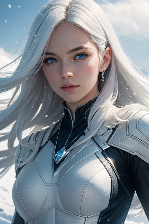 (masterpiece), best quality, ultra-detailed, realistic, dynamic pose, floating, snow, winter, (1girl), beautiful face, blue eyes, white hair, X-Men, Marvel Comics, silver diamond necklace, high resolution, (low key+high saturation):0.8, (subtle vignette+cinematic color grading):0.9.