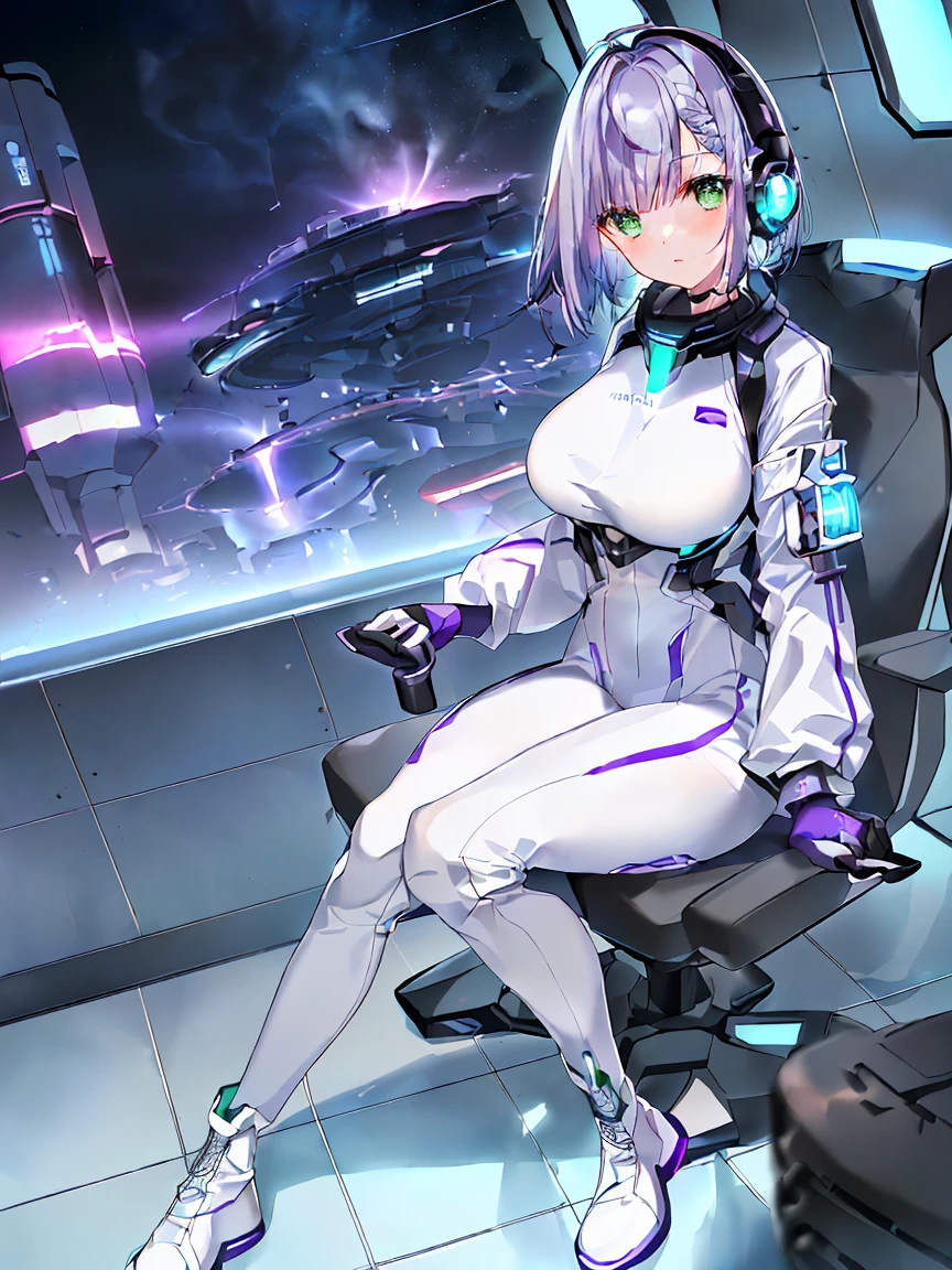 ​masterpiece:1.4, 1girl in ((20yr old, Wearing a futuristic white and silver costume, Tight Fit Bodysuit, long boots, Very gigantic-breasts, (Colorful purple hair,):1.3 short bob, Perfect model body, Green eyes:1.2, Wearing headphones, Looking out the window of the futuristic sci-fi space station、While admiring the beautiful galaxy:1.2, SFSF control room on night background:1.1, Neon and energetic atmosphere:1.2)) ((Galaxy))