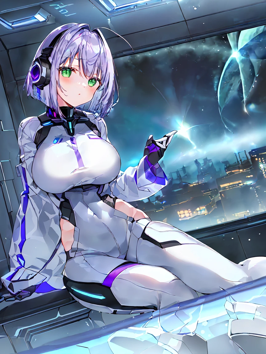 ​masterpiece:1.4, 1girl in ((20yr old, Wearing a futuristic white and silver costume, Tight Fit Bodysuit, long boots, Very gigantic-breasts, (Colorful purple hair,):1.3 short bob, Perfect model body, Green eyes:1.2, Wearing headphones, Looking out the window of the futuristic sci-fi space station、While admiring the beautiful galaxy:1.2, SFSF control room on night background:1.1, Neon and energetic atmosphere:1.2)) ((Galaxy))